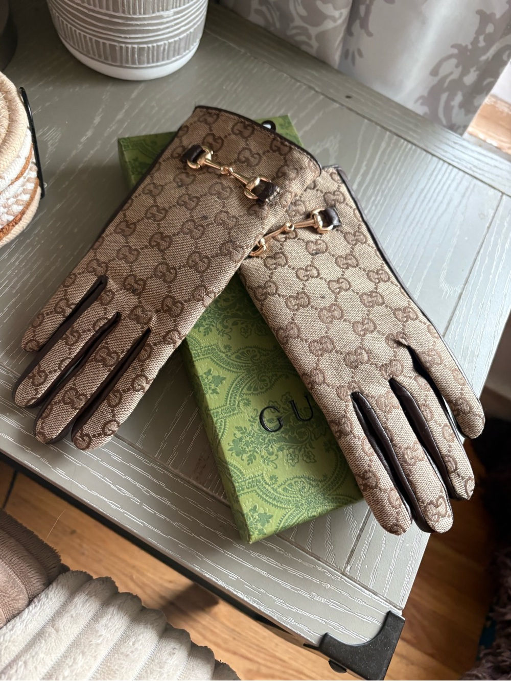 FASHION Monogram Beige Brown Leather like Trim Gloves - Picture 5 of 7